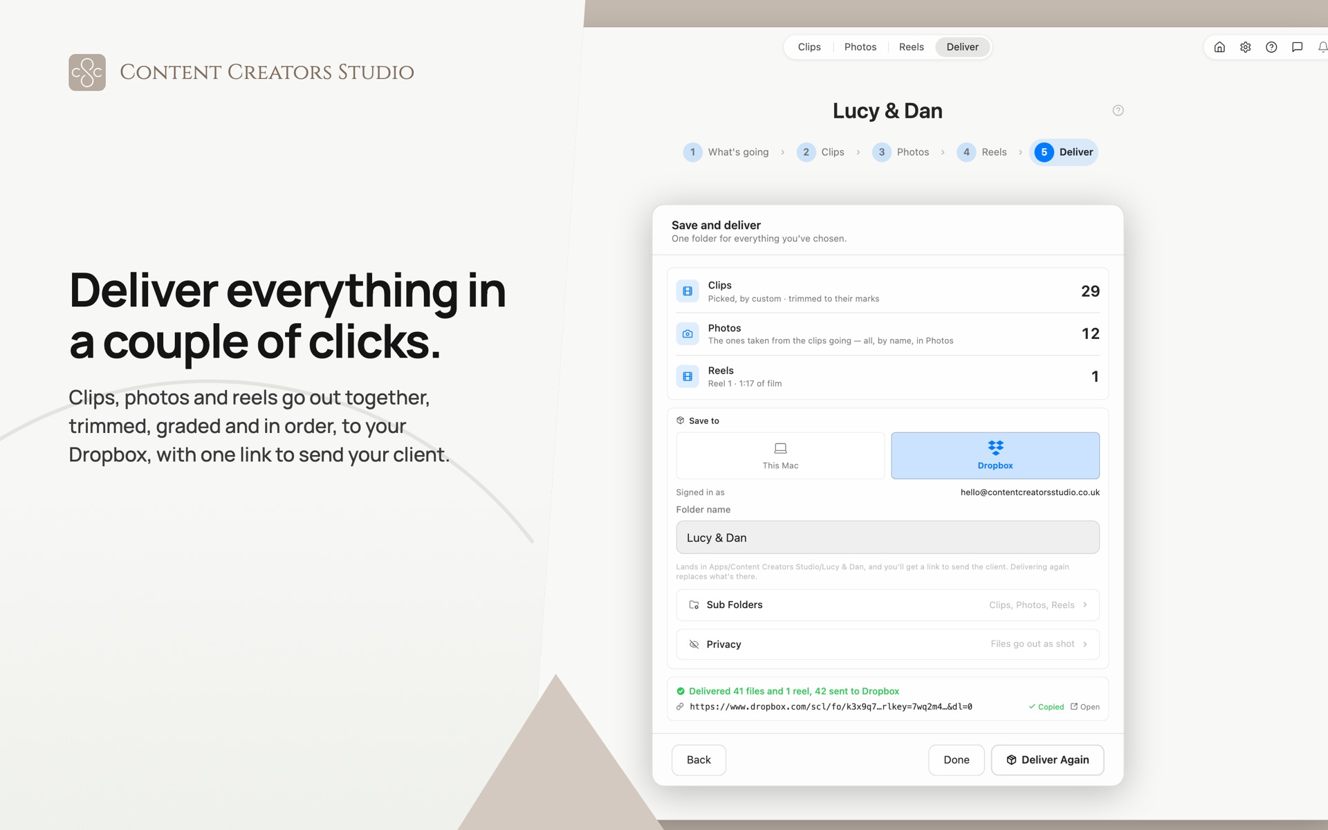 The Deliver screen on its last step: twenty-nine clips, twelve photos and one reel listed for delivery, Dropbox chosen as the destination with the client’s folder named, and a link copied ready to send.
