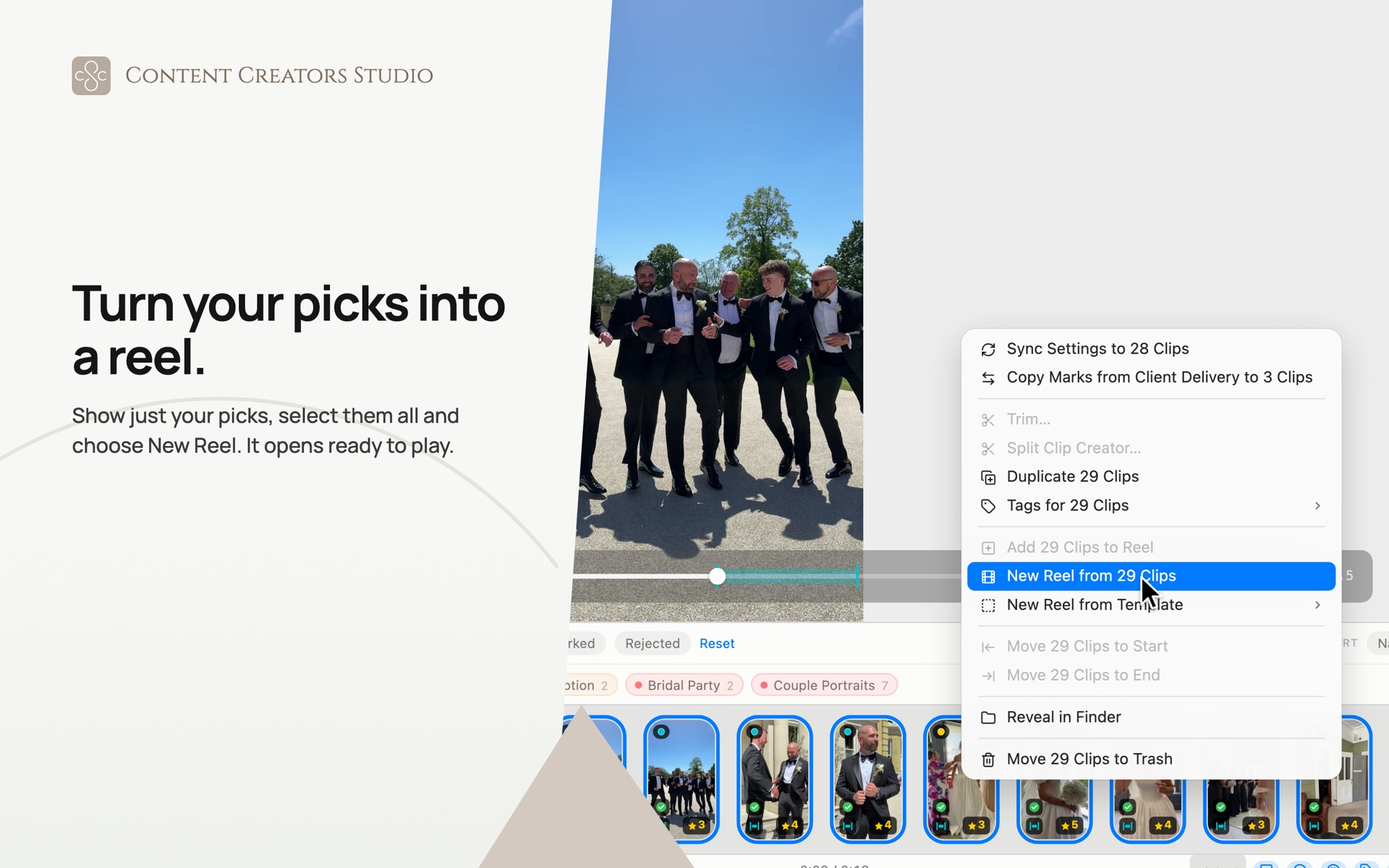 The Clips screen filtered to the picks, all of them selected, with the right-click menu open on New Reel from 29 Clips.