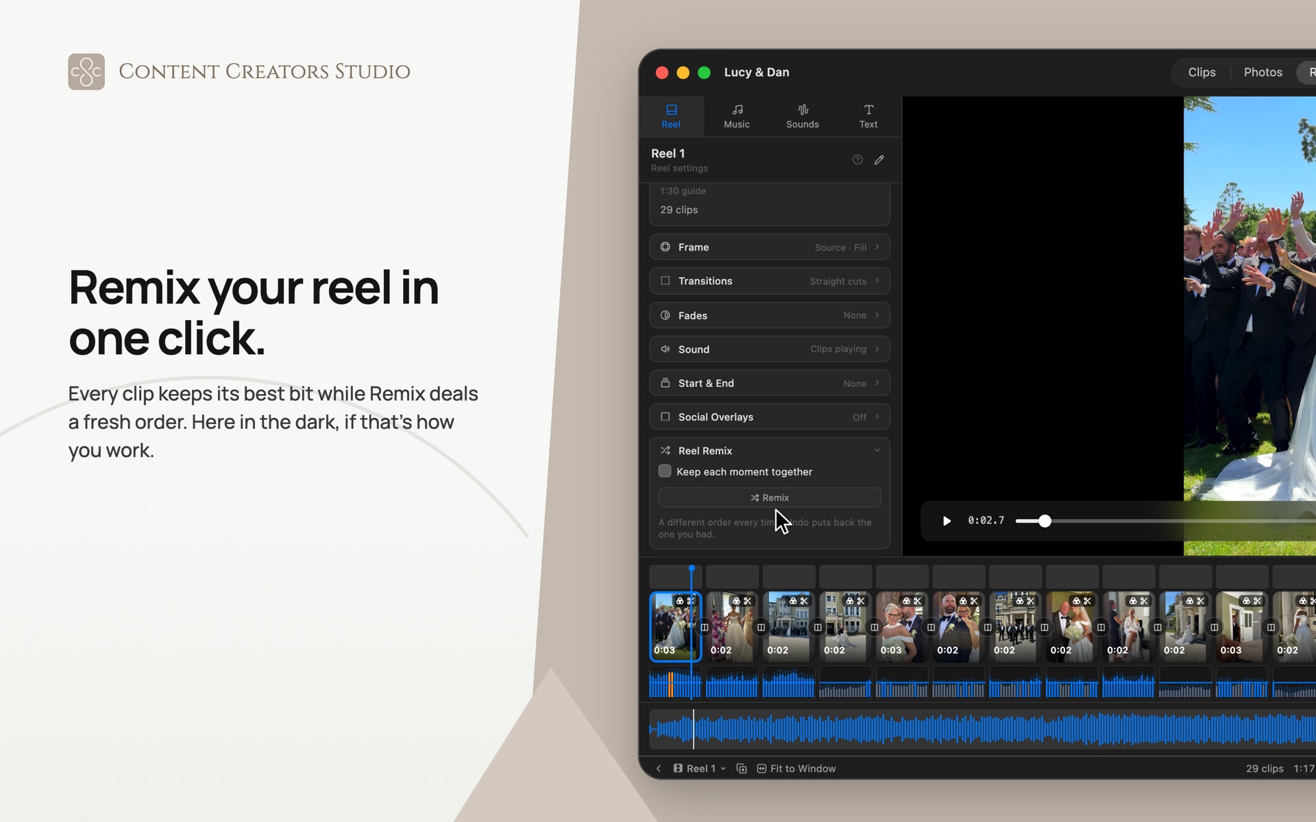 The Reels screen in dark mode: the reel settings panel with Reel Remix open and its Remix button, and twenty-nine clips along the timeline beneath with their waveforms and a music track.