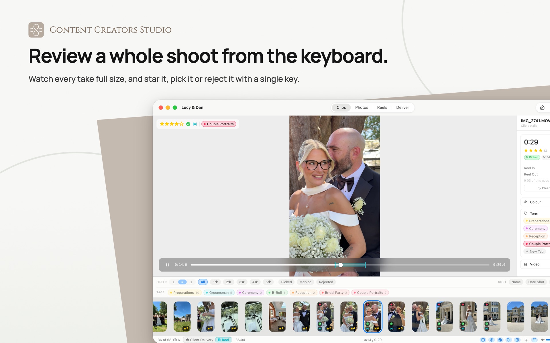 The Clips screen with a wedding take playing full size: four stars and a Couple Portraits tag above it, the filter and tag rows beneath, and the shoot along the bottom as a filmstrip where each clip carries its own rating and verdict.