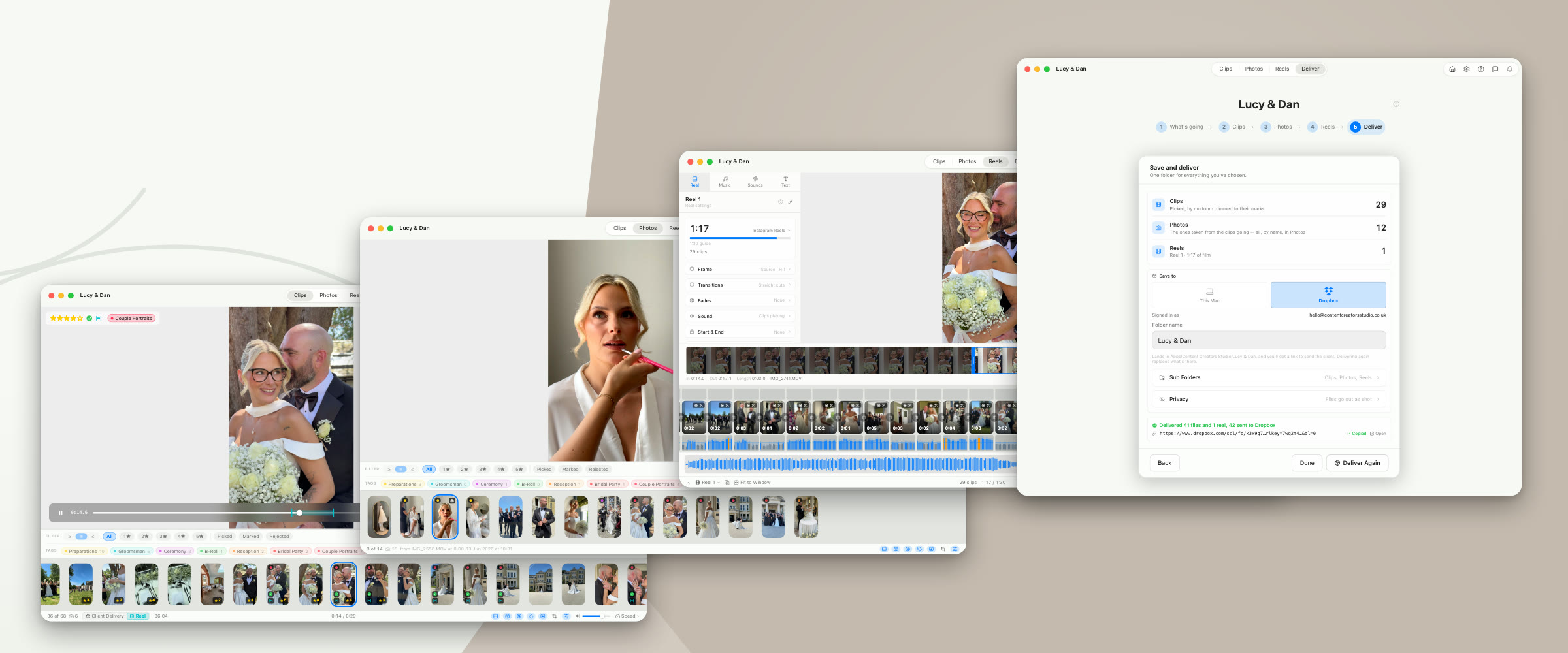 The app's four screens as overlapping cards: Clips reviewing a wedding clip, Photos showing a still taken from it, Reels with a reel on the timeline, and Deliver with the delivery sent to Dropbox.